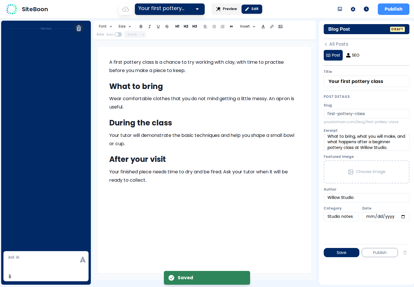 Siteboon's blog editor with a pottery-class article in the central writing area, formatting controls above it, and post details on the right.