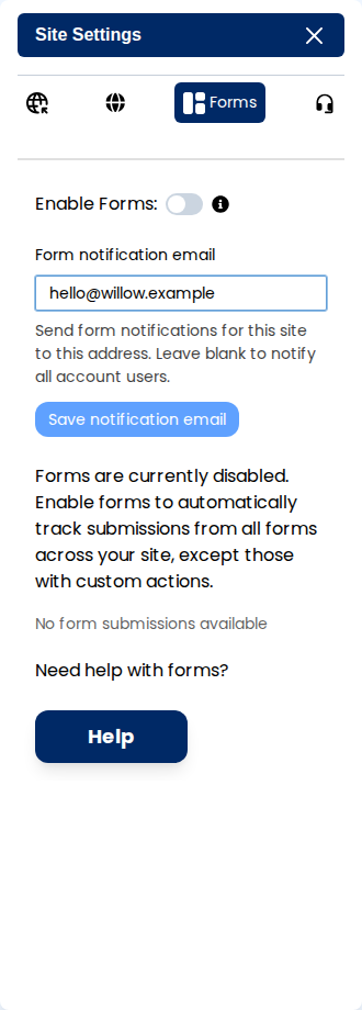Forms panel with an example address entered in Form notification email and the Save notification email button enabled.