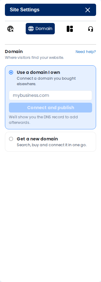Domain settings with Use a domain I own, a domain input, and Connect and publish. Get a new domain is a separate option.