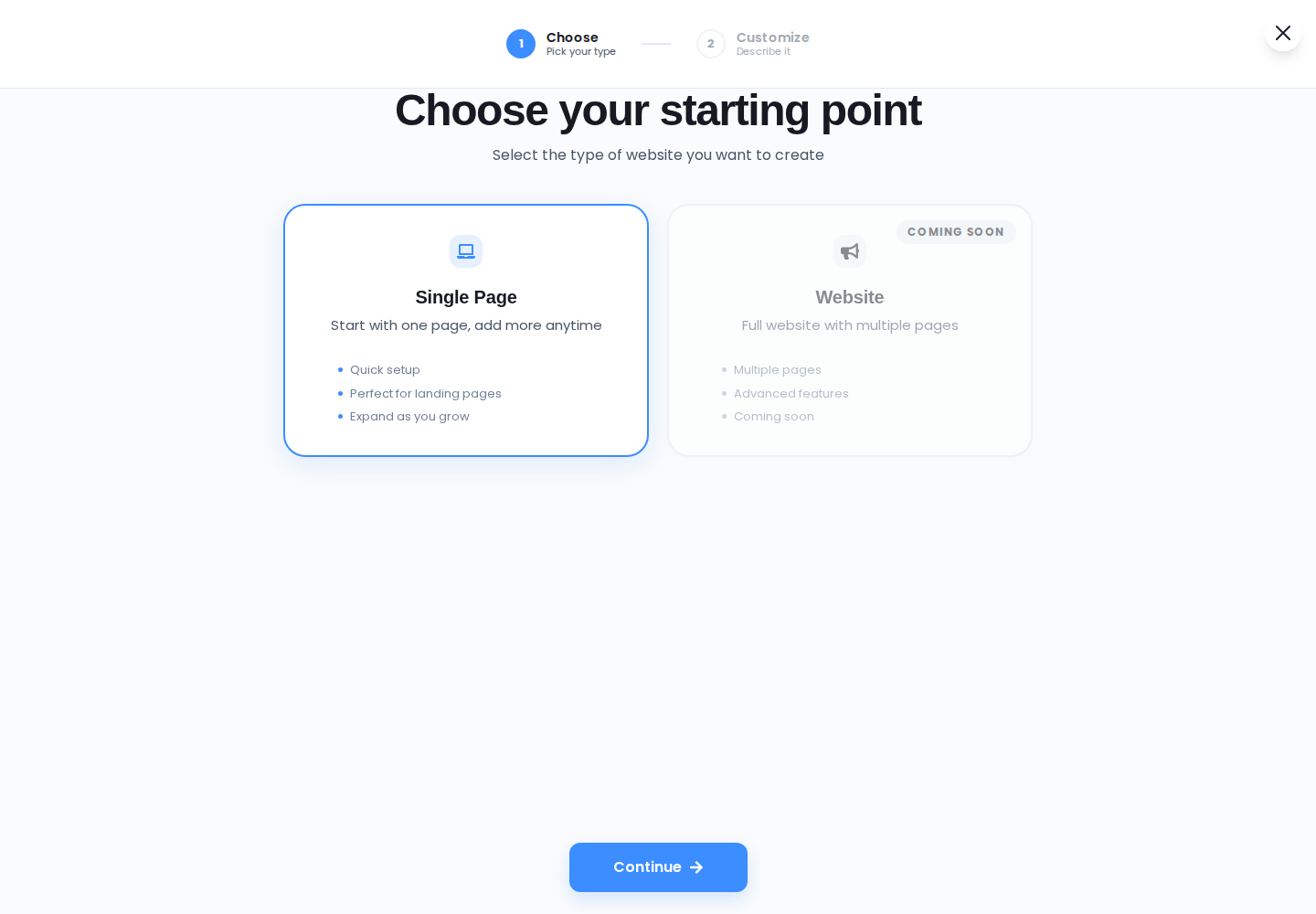 Choose your starting point screen, with Single Page selected and the Website option marked Coming soon.