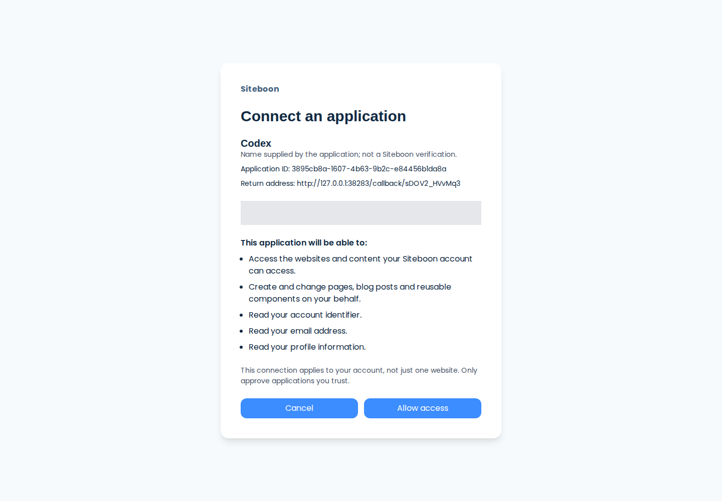 Siteboon's Connect an application screen for Codex, showing account-wide website access and the Allow access button. The account email is hidden.