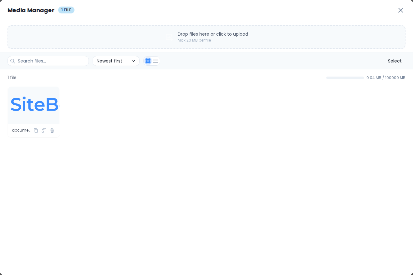 Siteboon Media Manager with its upload area, file sorting controls, and an uploaded logo.