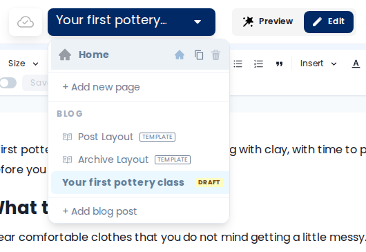 The Blog group in the page menu, containing Archive Layout, Post Layout, a draft post, and Add blog post.
