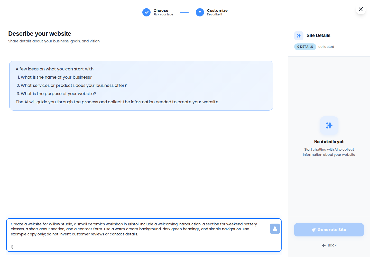Website description entered in the chat, with the send arrow beside it and Site Details on the right.