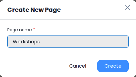 Create New Page dialog with Workshops entered as the page name and the Create button below.