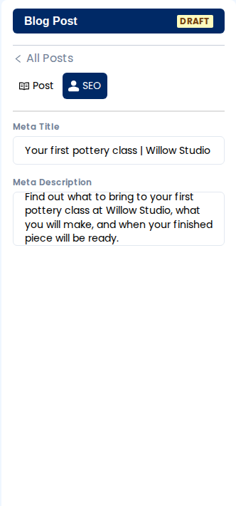 The blog post SEO tab with a meta title and description for Your first pottery class.