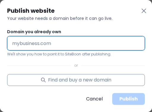 Publish website dialog for a site without a domain, with Domain you already own and Find and buy a new domain options.