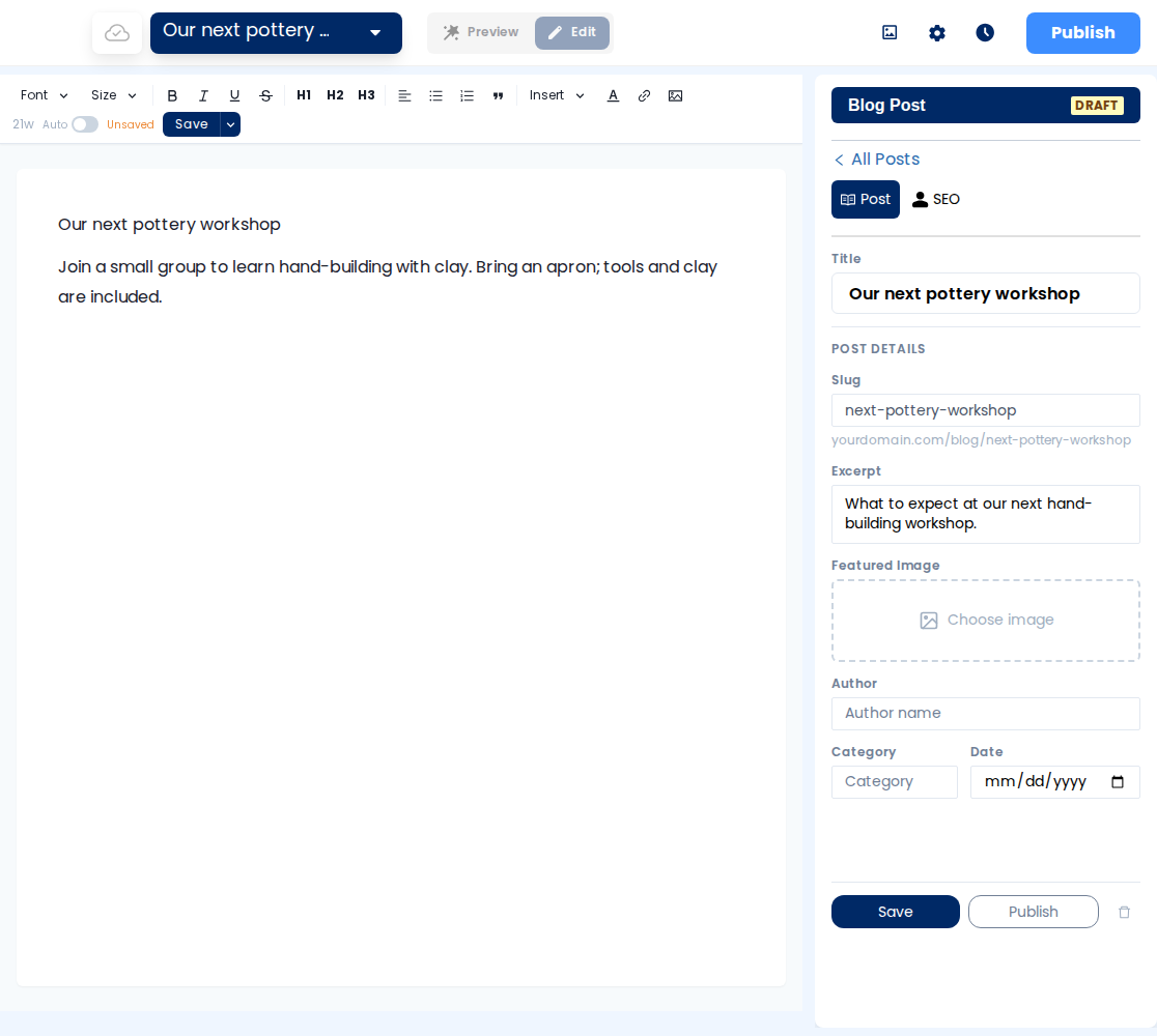 A draft post with a saved title, URL slug and excerpt in the right panel, and its body in the central editor.
