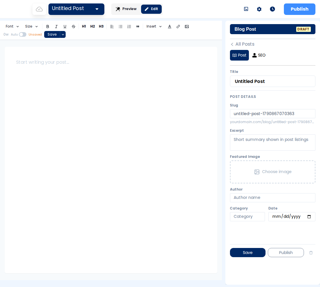 A newly created Untitled Post showing the writing canvas, formatting toolbar, and Draft status in the post panel.