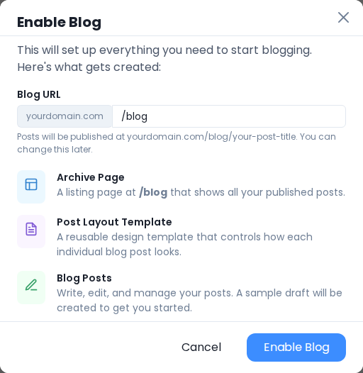 Enable Blog dialog showing the Blog URL field set to /blog and descriptions of the archive, post layout, and sample draft.