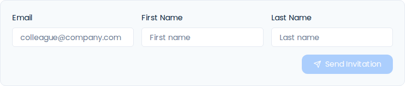 Invitation form with Email, First Name, Last Name, and Send Invitation controls.
