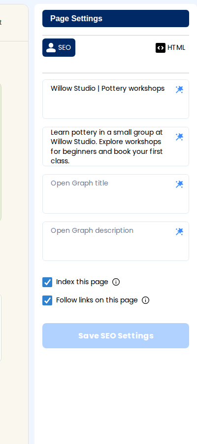 Page Settings SEO tab with the Willow Studio page title, meta description, social sharing fields, and Save SEO Settings button.