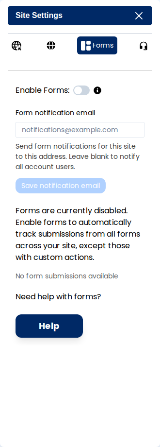 Forms settings with the Enable Forms switch, notification email setting, and an empty submissions list.