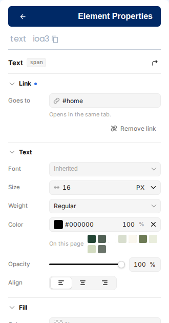The Element Properties panel for selected text, with font size, weight, color, and alignment controls.