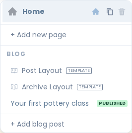 The page menu with the Blog group and Add blog post below the existing post.
