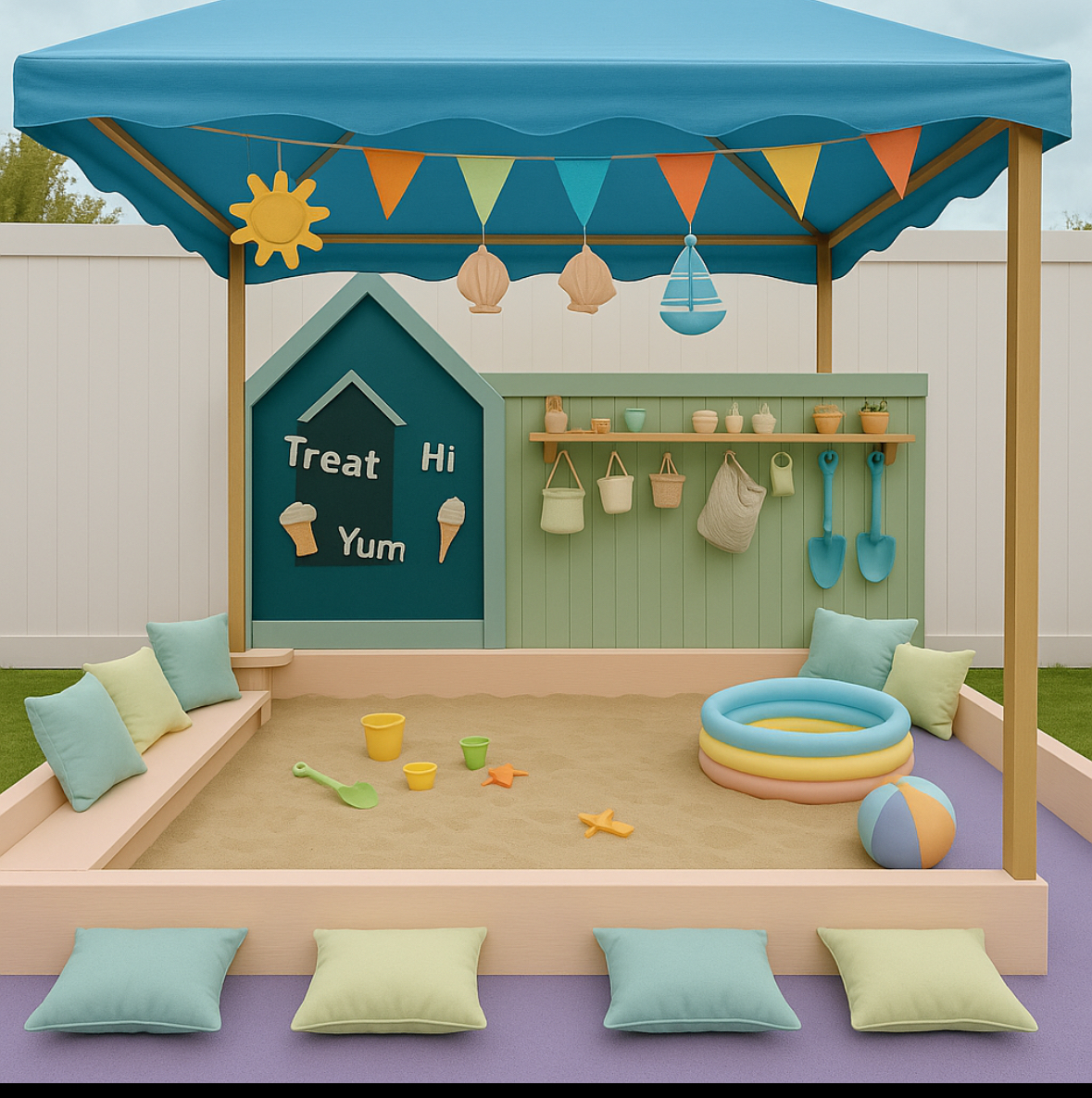 Safe colorful playground equipment for children by the beach