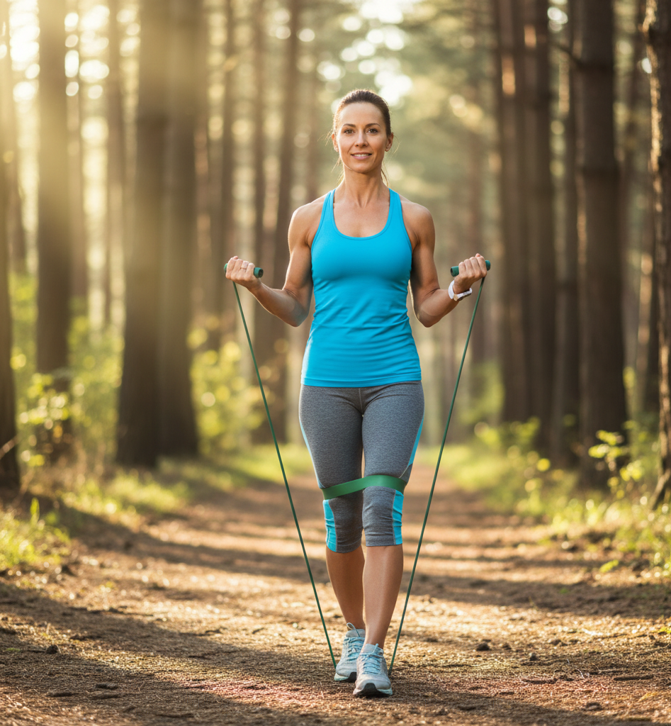 People walking outdoors with light weights